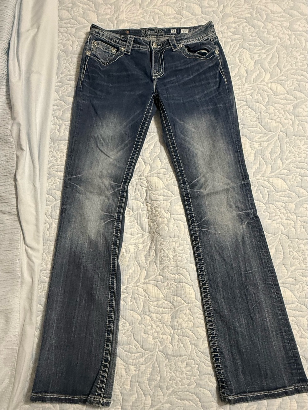 Miss Me Navy Boot Cut Jeans with Faded Whiskering